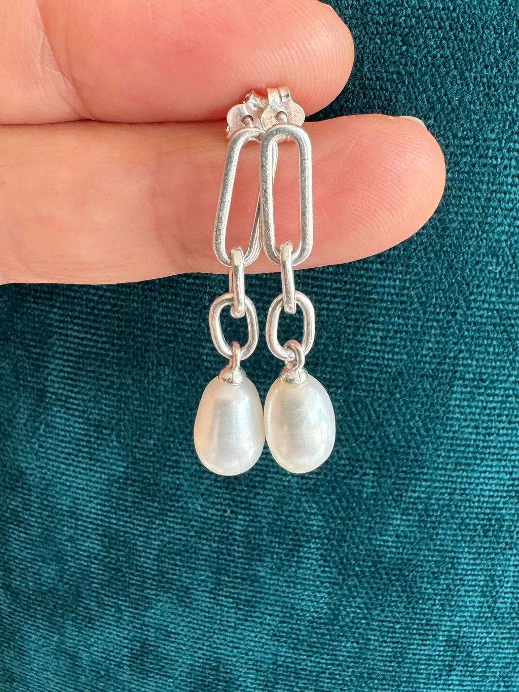 Freshwater pearl earrings on oval paperclip